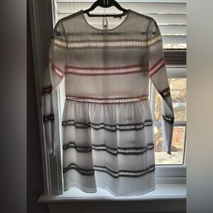 English Factory White Sheer Long Sleeve Dress with Multicolor Ladder Trim